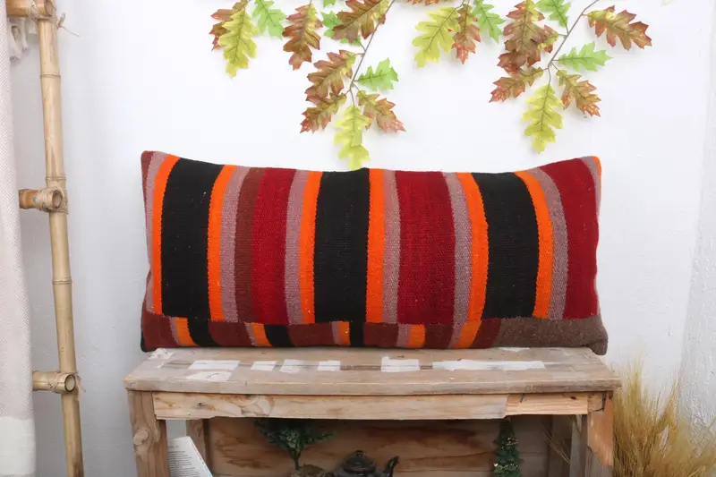 Throw Kilim Pillow, Cushion Cover, Boho Pillow, 16x36 Red Pillow Cover, Muted Cushion Cover, Colorful Pillow Case, Antique Pillows, Bench Cushion - 1