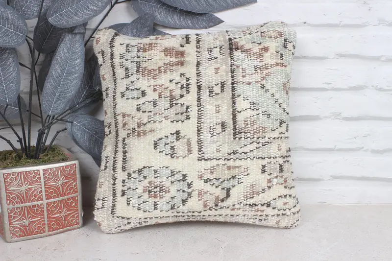 Vintage Kilim Throw Pillow, Vintage Kilim Pillow, Chair Pillow Sham, 12x12 Beige Cushion Cover, Turkish Pillow, Pillow Cover, Tapestry Pillow Case - 1