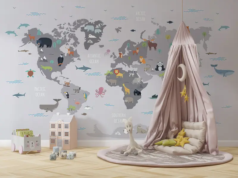 World Map Wall Decor,Modern Wall Paper,Kids Room Wall Art,3d Wall Paper,Wall Paper Peel and Stick,Educational Map Wall Decor, - 3