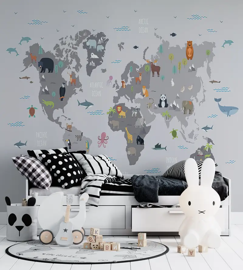 World Map Wall Decor,Modern Wall Paper,Kids Room Wall Art,3d Wall Paper,Wall Paper Peel and Stick,Educational Map Wall Decor, - 4