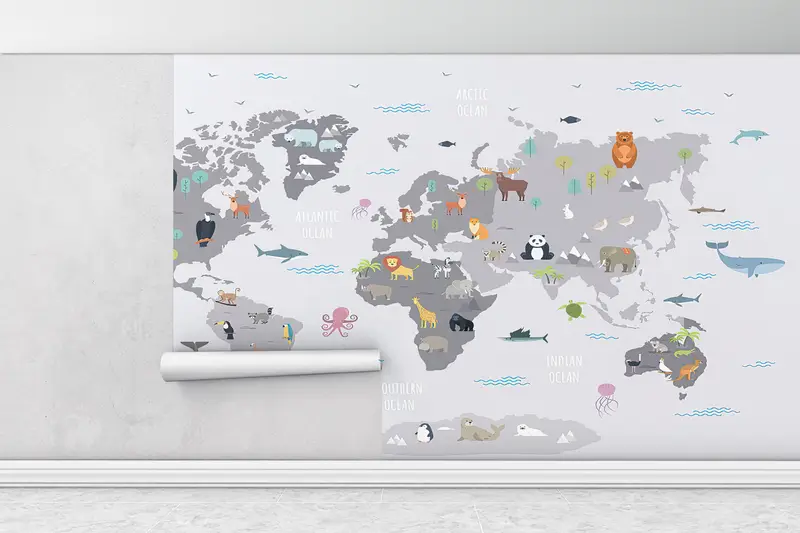 World Map Wall Decor,Modern Wall Paper,Kids Room Wall Art,3d Wall Paper,Wall Paper Peel and Stick,Educational Map Wall Decor, - 2