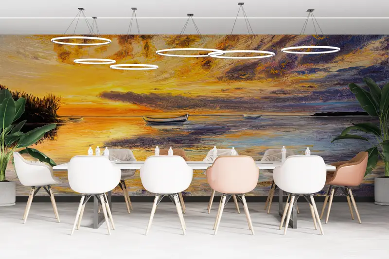 Meeresblick-Sonnenuntergang-Bootstapete: Gedruckte abstrakte gelbe Ölkunst