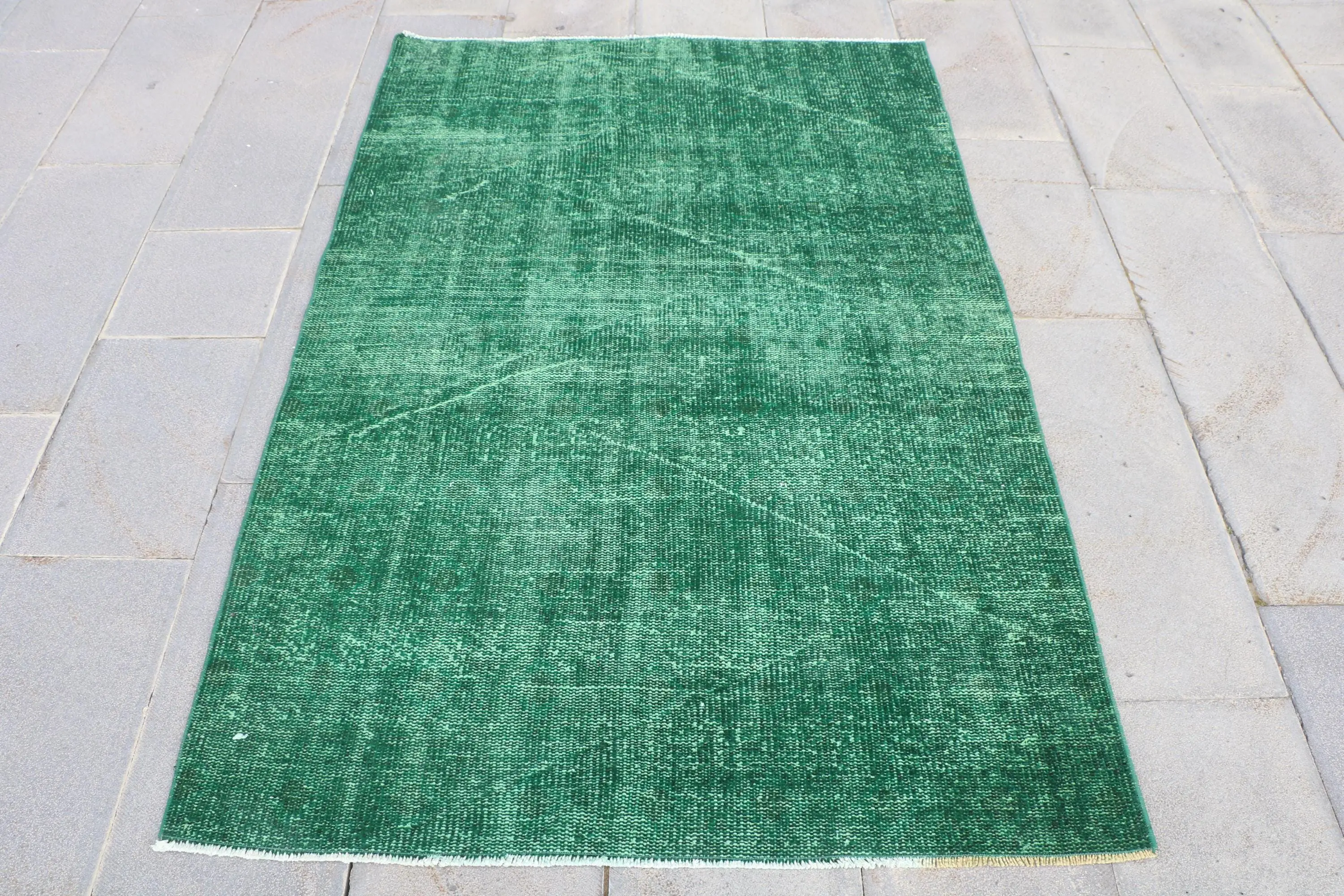 Vintage Türk Vurgulu Halı 3.9x6 ft, Yeşil Beyaz Çiçekli Halı - 1