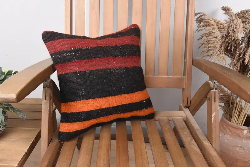 Striped Throw Moroccan Cushion Case, Red 14x14 inch Wool Cushion - 1