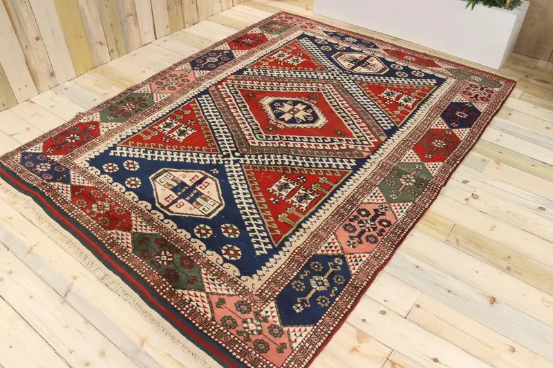 Turkish Rug, 6.3x8.7 ft Large Vintage Rug, Oushak Red Blue Check Rug - 1