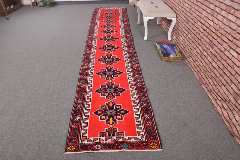 Vintage Turkish Rug 2.5x13.8 ft, Herki Red Ikat Wool Rug - 1
