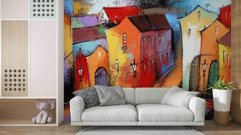 Abstract City Paper Art, Colorful City Painting Digital Paper, Colorful City Wall Decor, View Wall Decals, Wall Covering,Abstract Shapes Art - 9