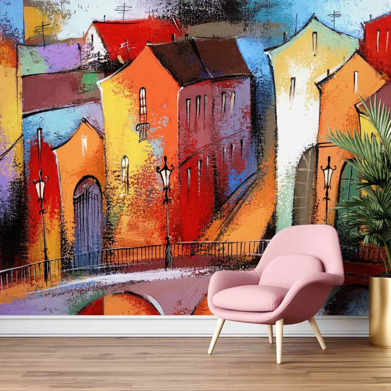 Abstract City Paper Art, Colorful City Painting Digital Paper, Colorful City Wall Decor, View Wall Decals, Wall Covering,Abstract Shapes Art - 2
