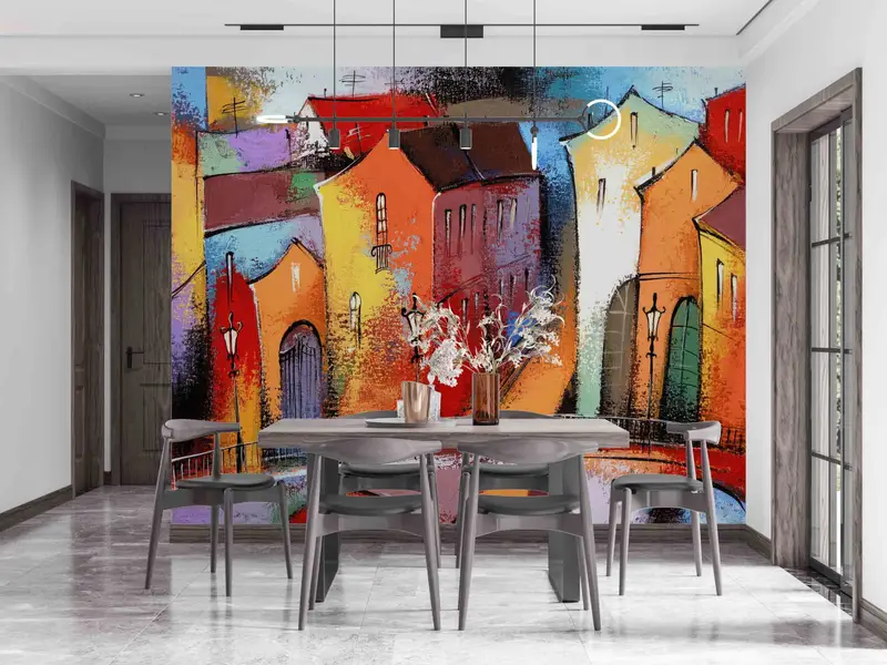 Abstract City Paper Art, Colorful City Painting Digital Paper, Colorful City Wall Decor, View Wall Decals, Wall Covering,Abstract Shapes Art - 3