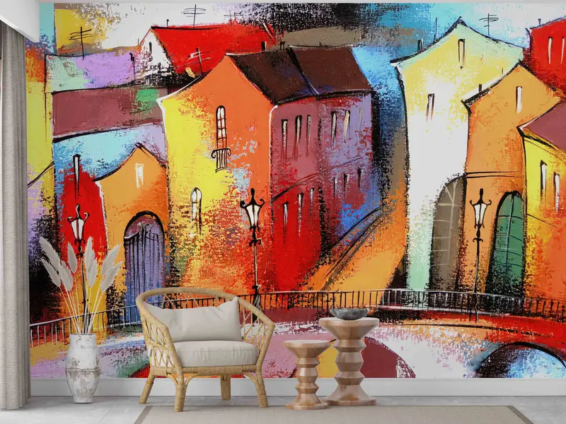 Abstract City Paper Art, Colorful City Painting Digital Paper, Colorful City Wall Decor, View Wall Decals, Wall Covering,Abstract Shapes Art - 5