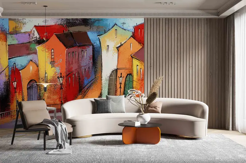 Abstract City Paper Art, Colorful City Painting Digital Paper, Colorful City Wall Decor, View Wall Decals, Wall Covering,Abstract Shapes Art - 4