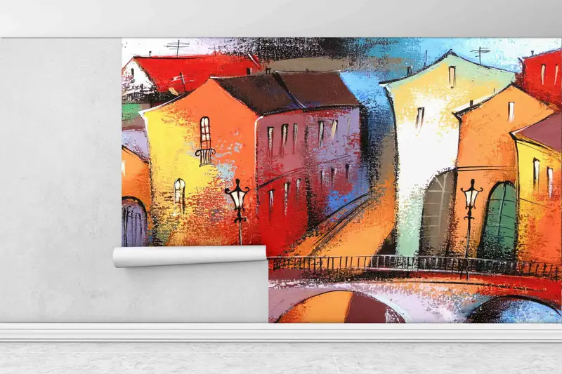 Abstract City Paper Art, Colorful City Painting Digital Paper, Colorful City Wall Decor, View Wall Decals, Wall Covering,Abstract Shapes Art - 1