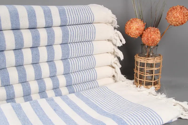 Embroidered Sax Blue Striped Terry Towel, 40x67 Inches Wedding Gift