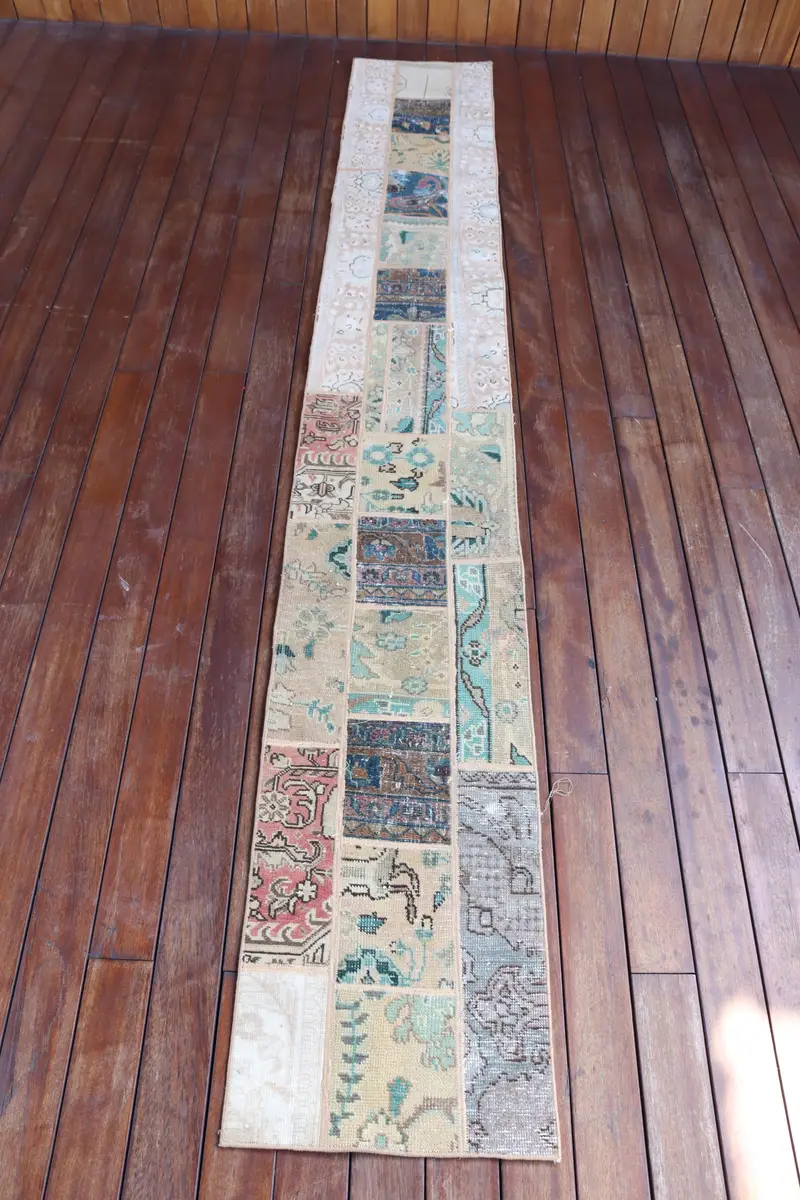 Handmade Green & Brown Rug, 1,4x9,4 ft Polka Dot