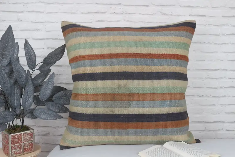 Nautical Throw Cushion, Boho Pillow, 28x28 Beige Cushion Cover, Cushion Cover, Handmade Kilim Cushion, Pillow for Couch, Comfy Throw Pillow Sham - 2