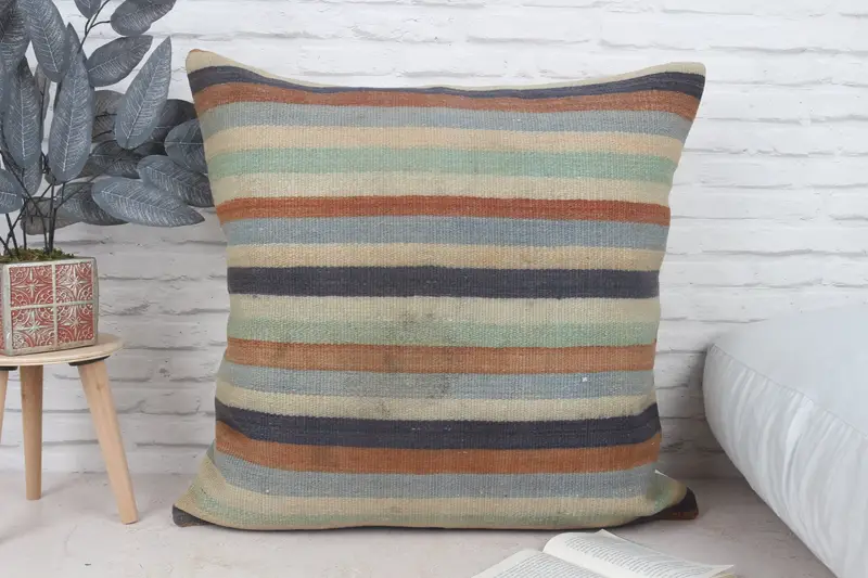 Nautical Throw Cushion, Boho Pillow, 28x28 Beige Cushion Cover, Cushion Cover, Handmade Kilim Cushion, Pillow for Couch, Comfy Throw Pillow Sham - 1