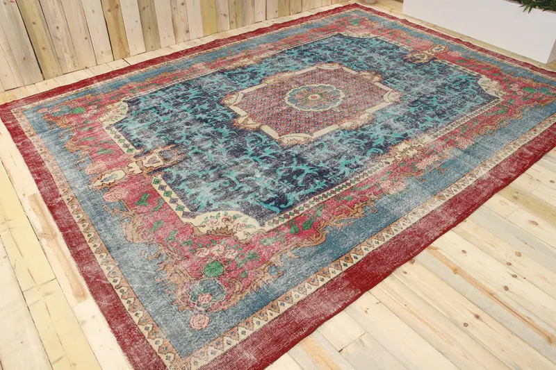 Türkischer Vintage-Teppich, 9 x 11,9 Fuß großer Oushak-Teppich, blauer Ombré-Wollteppich - 1