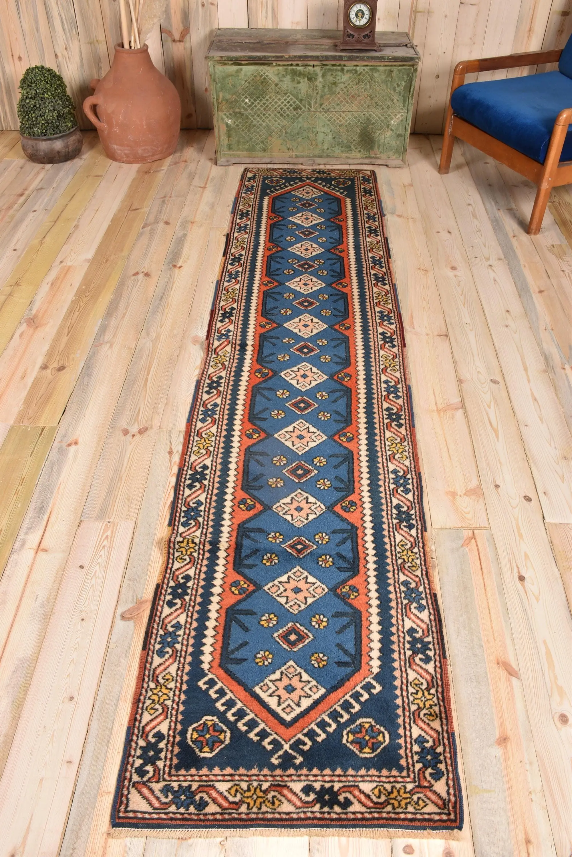 Turkish Vintage Rug, Runner 2.1x9.1 ft (64x277 cm) Rug, Blue Southwestern Wool Rug - 1