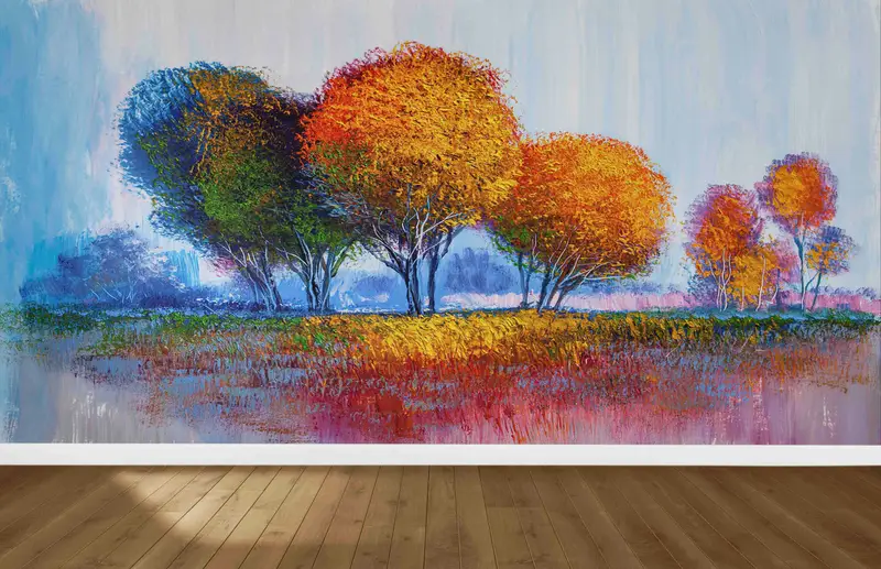 エレガントなプリント壁紙: 秋の色合いの抽象的な森