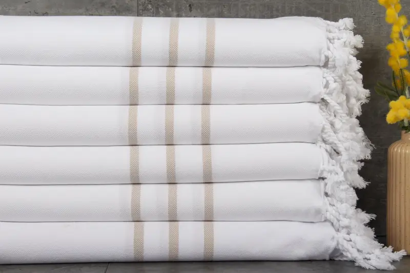 Personalized Turkish Towel Beige Striped Organic Cotton, 40x71 Inches