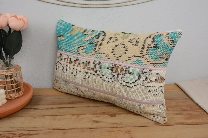 Gift Pillow, Turkish Kilim Pillow, 12x20 Green Pillow Cover, Ethnical Kilim Rug Pillow, Pillow, Floor Pillow, Accent Cushion Case, Knitted Cushion - 4