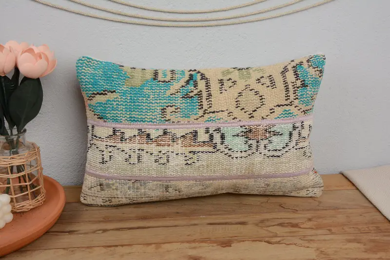 Gift Pillow, Turkish Kilim Pillow, 12x20 Green Pillow Cover, Ethnical Kilim Rug Pillow, Pillow, Floor Pillow, Accent Cushion Case, Knitted Cushion - 2