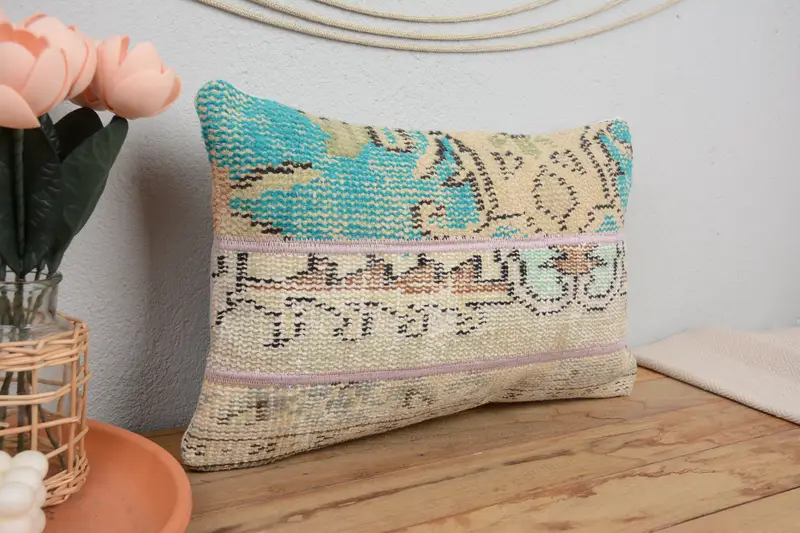 Gift Pillow, Turkish Kilim Pillow, 12x20 Green Pillow Cover, Ethnical Kilim Rug Pillow, Pillow, Floor Pillow, Accent Cushion Case, Knitted Cushion - 1