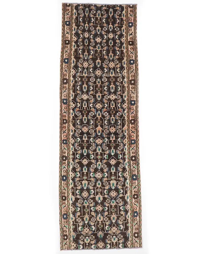 ブラウン & ブルー ラグ、2.5x8.1 フィート、幾何学模様、花柄モチーフ