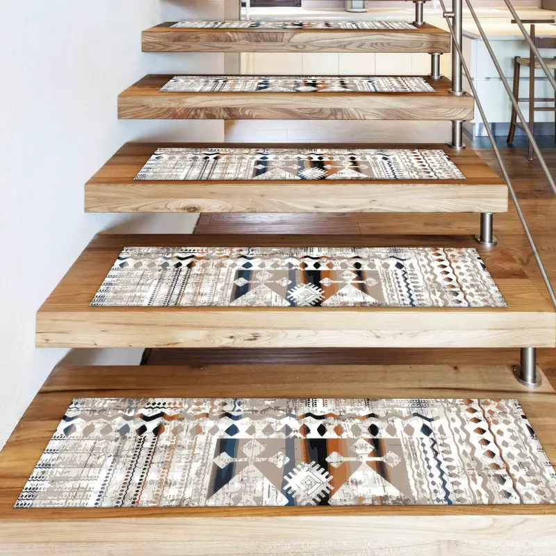 Alfombra de escalera estampada con diseño de Kilim con estampado étnico beige - Bohemian Chic