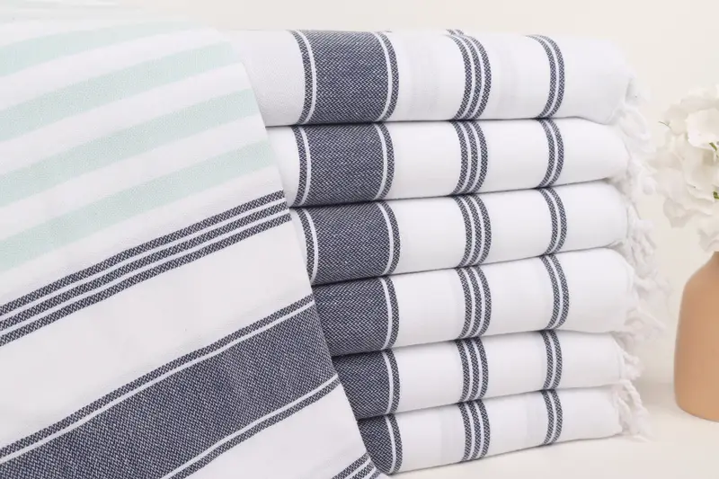 Turkish Towels Beach Embroidered Mint-Navy Blue Striped, 40x71 Inches