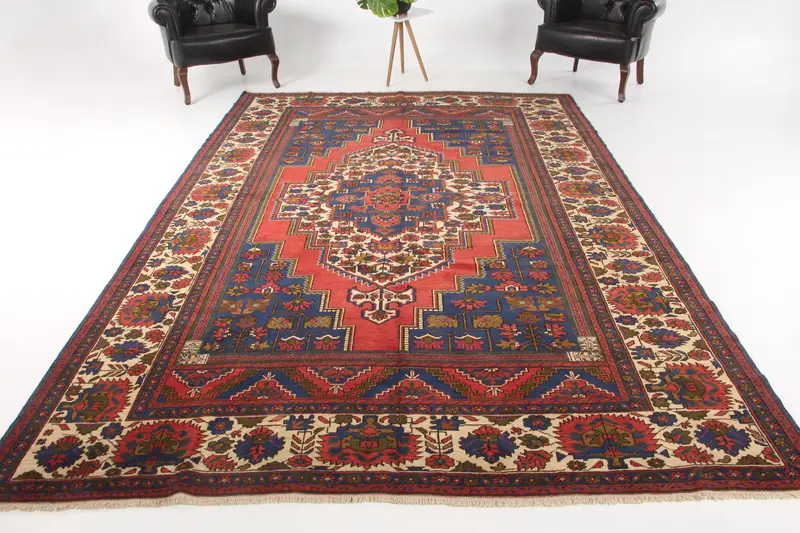 Vintage 7.3x11.3 ft Halı, Oushak Türk Halısı, Kırmızı İkat Yün Halı - 1