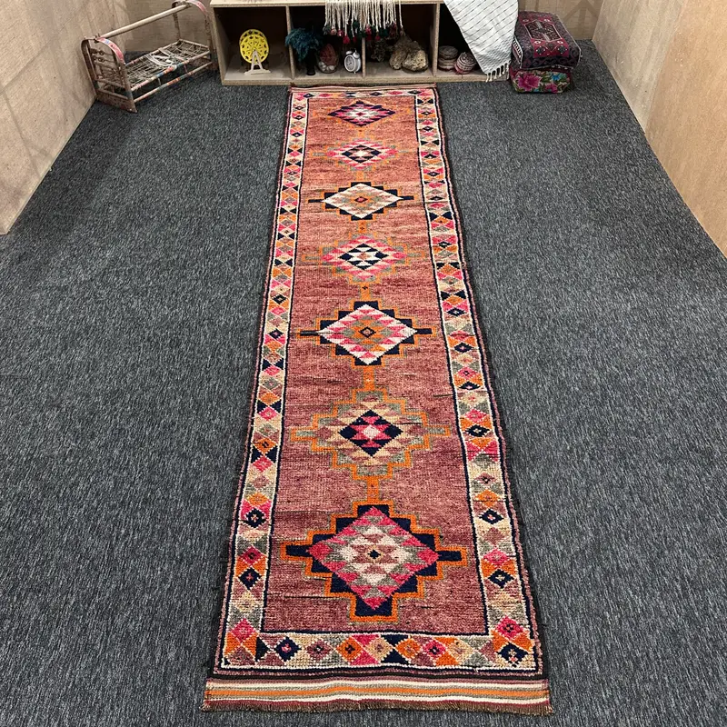Turkish Vintage Rug, 3.2x13.4 ft Small Rug, Orange Blue Geometric Rug - 1