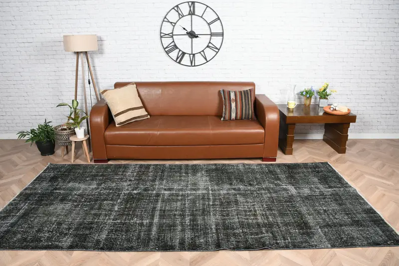 Vintage Türk Halısı, 4.6x10 ft Büyük Halı, Siyah Gri Yün Halı - 1
