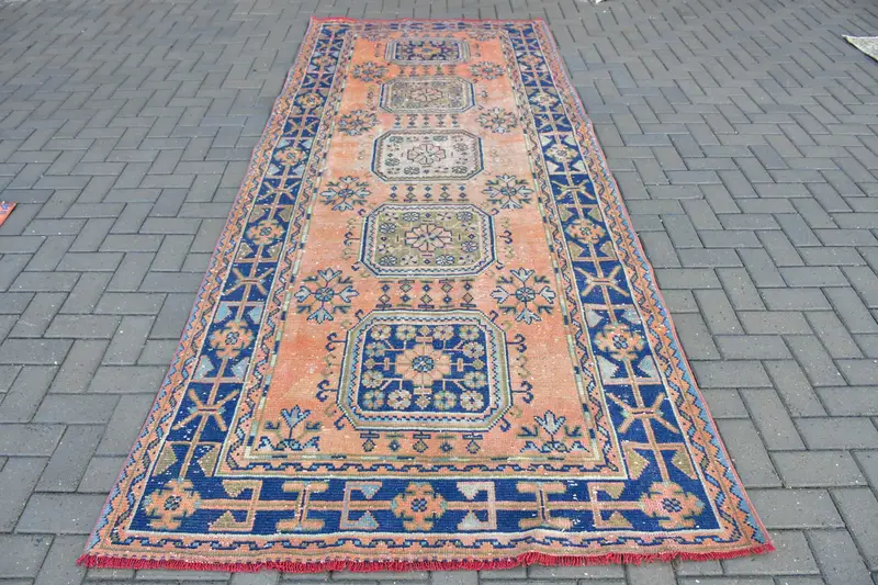 4.7x11.3 ft Halı, Türk Vintage Halısı, Mavi Turuncu Yün Halı - 1