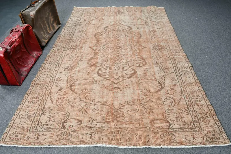 Alfombra de 5,7x9,2 pies, alfombra vintage turca, alfombra de lana ombré naranja marrón - 1