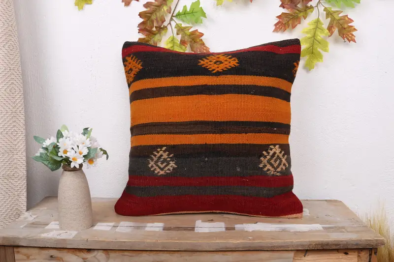 Interior Designer Pillow, 18x18 Orange Cushion, Pillow Sham, Boho Pillow, Handmade Kilim Cushion, Retro Throw Cushion - 1
