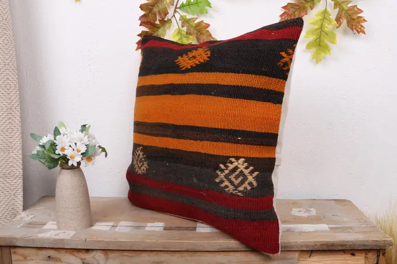 Interior Designer Pillow, 18x18 Orange Cushion, Pillow Sham, Boho Pillow, Handmade Kilim Cushion, Retro Throw Cushion - 4