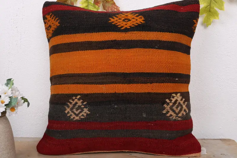 Interior Designer Pillow, 18x18 Orange Cushion, Pillow Sham, Boho Pillow, Handmade Kilim Cushion, Retro Throw Cushion - 2