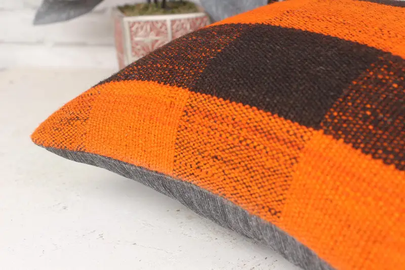 14x14 Orange Pillow Sham, Boho Pillow Sham Cover, Pillow for Couch, Pillow Case, Ethnical Kilim Rug Pillow, Pattern Throw Cushion Case - 7