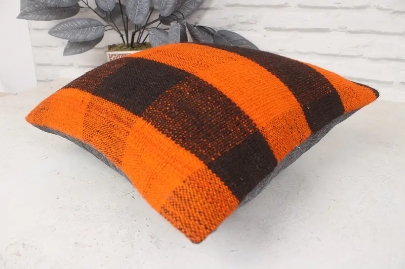 14x14 Orange Pillow Sham, Boho Pillow Sham Cover, Pillow for Couch, Pillow Case, Ethnical Kilim Rug Pillow, Pattern Throw Cushion Case - 6