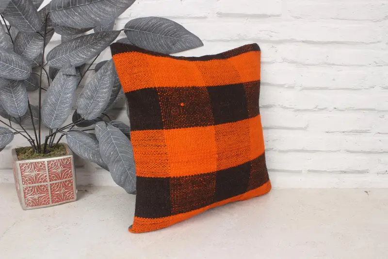 14x14 Orange Pillow Sham, Boho Pillow Sham Cover, Pillow for Couch, Pillow Case, Ethnical Kilim Rug Pillow, Pattern Throw Cushion Case - 3