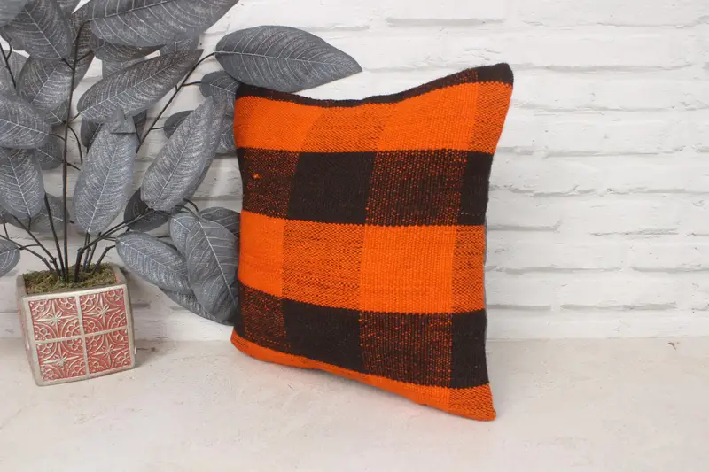 14x14 Orange Pillow Sham, Boho Pillow Sham Cover, Pillow for Couch, Pillow Case, Ethnical Kilim Rug Pillow, Pattern Throw Cushion Case - 4
