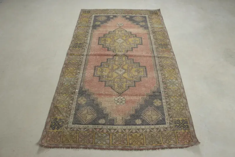 Red Southwestern Rug, 3,6x6,5 ft Vibrant Green Accents