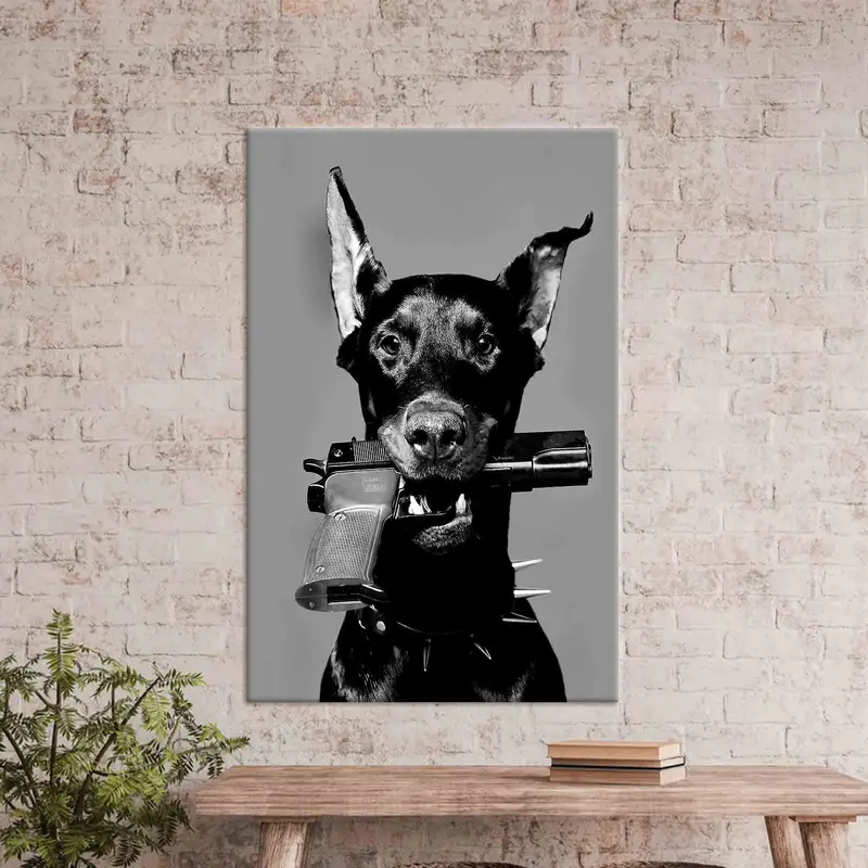 Black Dog And Gun, Canvas Wall Art, Man Cave Wall Art, Black Dog Poster, Gun Wall Art, Dog Lover Gift, Dog With Gun Poster, Black Wall Art, - 2