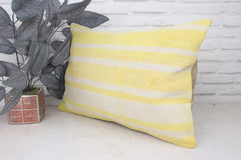 Turkish Pillow, Knitted Cushion Cover, Pillow Sham, Vintage Pillow, 16x24 Yellow Cushion Case, Vintage Kilim Throw Pillow - 4