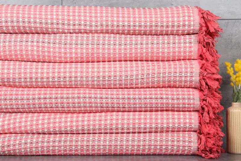 Sofa Blanket Striped Red Beige, Organic Cotton Throw, 71x95 Inches
