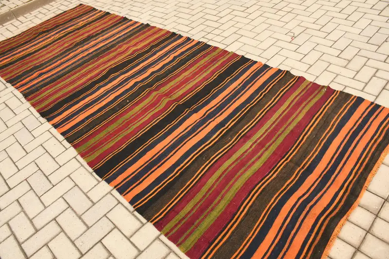 Türkischer Läuferteppich 4,6 x 13 Fuß, Vintage-Wollteppich mit orangem Tarnmuster - 1