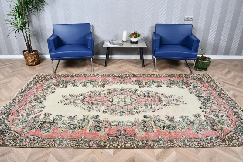 Vintage 5.5x9.8 ft Halı, Büyük Türk Halısı, Kırmızı Gri İkat Yün Halı - 1