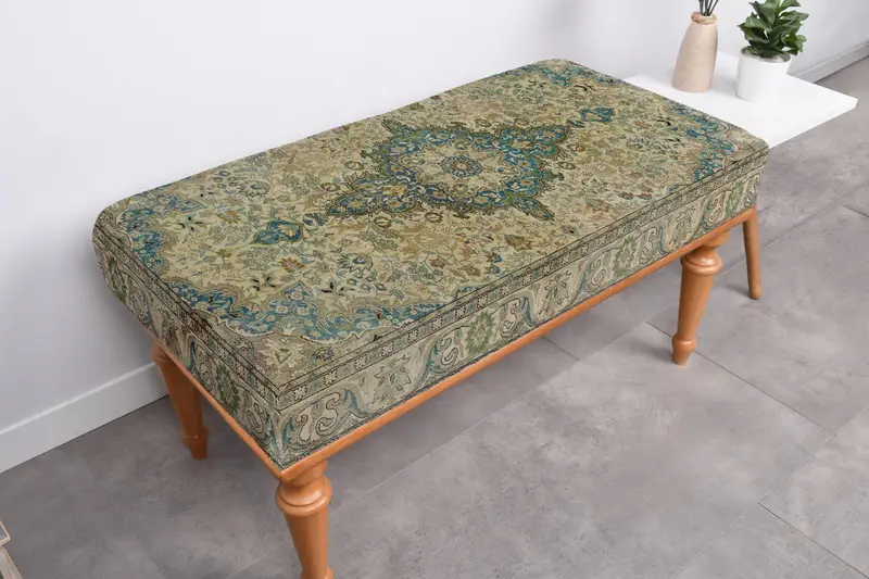 Modular Green & Beige Kilim Ottoman, Versatile Ottoman Bench