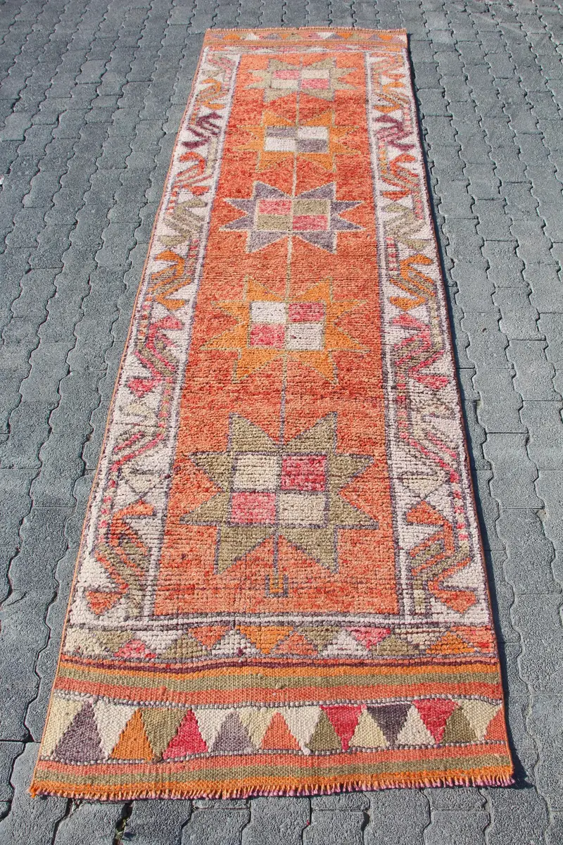 3x9.9 ft Vintage Runner Rug, Orange Red Turkish Plants & trees Wool Rug - 1